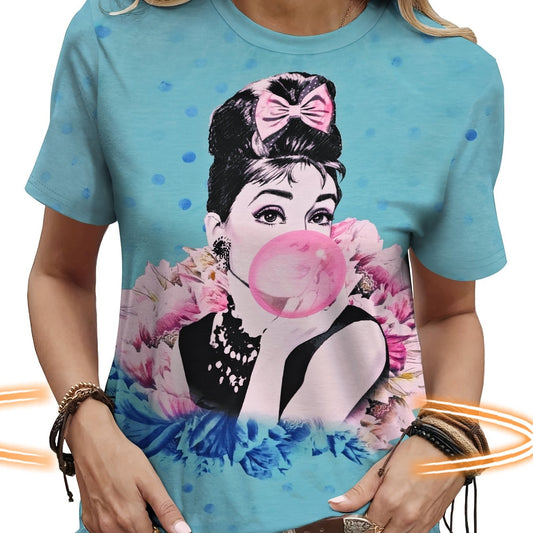 Women'S Casual Crew Neck Short Sleeve T-Shirt - Polyester & Spandex Blend, Breathable 3D Print with Elegant Portrait & Floral Bubble Graphic, All-Season Top for Casual Attire, Versatile Clothing | Playful Graphic Tee | Glossy SS69 16.69 Multicolor / XXL