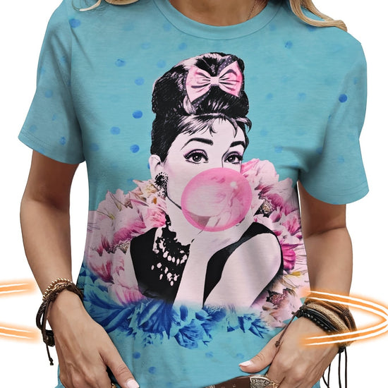 Women'S Casual Crew Neck Short Sleeve T-Shirt - Polyester & Spandex Blend, Breathable 3D Print with Elegant Portrait & Floral Bubble Graphic, All-Season Top for Casual Attire, Versatile Clothing | Playful Graphic Tee | Glossy SS69 16.69 Multicolor / XXL