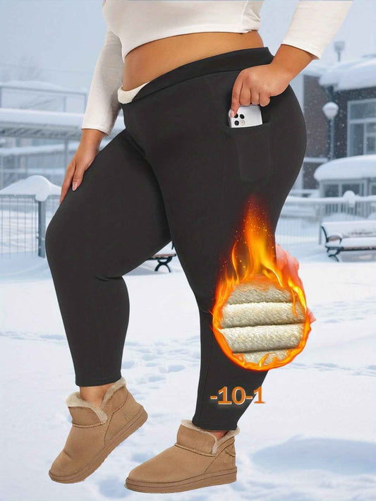 Plus Size, Women's Thermal Full-Length Leggings with Pockets - High-Elasticity Snug-Fit Pants for Winter Warmth, Solid Color Casual Wear Suitable for Home,, & Outdoor