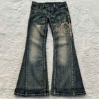 Women's Vintage Y2K Jeans - Mid-Rise Flared Pants, Washed Black Retro Leggings for 2000s Fashion Outfits, Casual & Formal Events - All-Season Jeans, Embroidered Details, Durable Fabric, Stylish Bottoms, Women, Trendy Outfit,