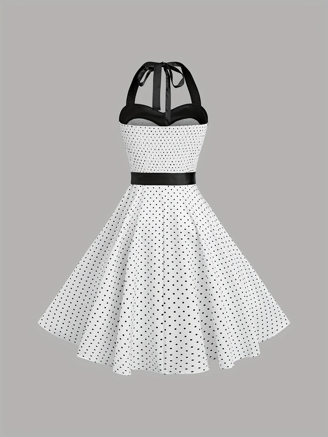 Elegant Retro Polka Dot Dress for Women with Ribbon Waist - Halter Neck, A-Line Skirt, Machine Washable, Polyester - Black & White, Perfect for Spring/Summer/Fall Events SS69
