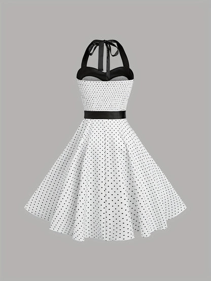Elegant Retro Polka Dot Dress for Women with Ribbon Waist - Halter Neck, A-Line Skirt, Machine Washable, Polyester - Black & White, Perfect for Spring/Summer/Fall Events SS69