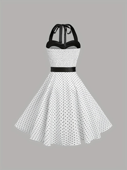 Elegant Retro Polka Dot Dress for Women with Ribbon Waist - Halter Neck, A-Line Skirt, Machine Washable, Polyester - Black & White, Perfect for Spring/Summer/Fall Events SS69