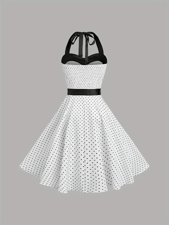 Elegant Retro Polka Dot Dress for Women with Ribbon Waist - Halter Neck, A-Line Skirt, Machine Washable, Polyester - Black & White, Perfect for Spring/Summer/Fall Events SS69