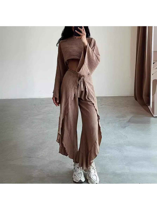 2pcs Outfit with Pleated Elastic Waist Pants And Short-Sleeved Top- Casual Chic for Work From Home, Weekend Errands& Travel- Comfortable& Flexible for Women