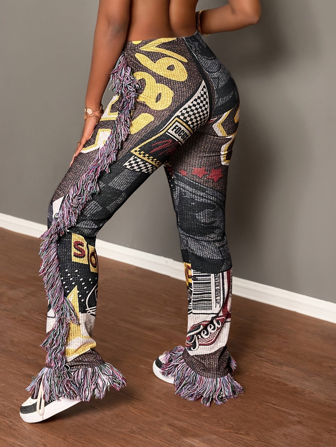 [Vibrant Graphic Pants] Vibrant Graphic Women's Straight-Leg Pants | Fringe Hem & Tassel Details, All-Season Machine Washable Comfort for Casual Attire SS69