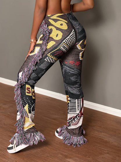 [Vibrant Graphic Pants] Vibrant Graphic Women's Straight-Leg Pants | Fringe Hem & Tassel Details, All-Season Machine Washable Comfort for Casual Attire SS69