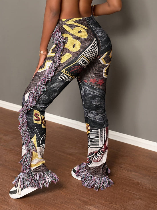 [Vibrant Graphic Pants] Vibrant Graphic Women's Straight-Leg Pants | Fringe Hem & Tassel Details, All-Season Machine Washable Comfort for Casual Attire SS69