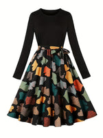 [Pink Floral Dress] Polyester Women's Pink Floral A-Line Dress - Long Sleeves, Round Neck, Machine Washable, Belt Detail, Perfect for Spring/Summer SS69