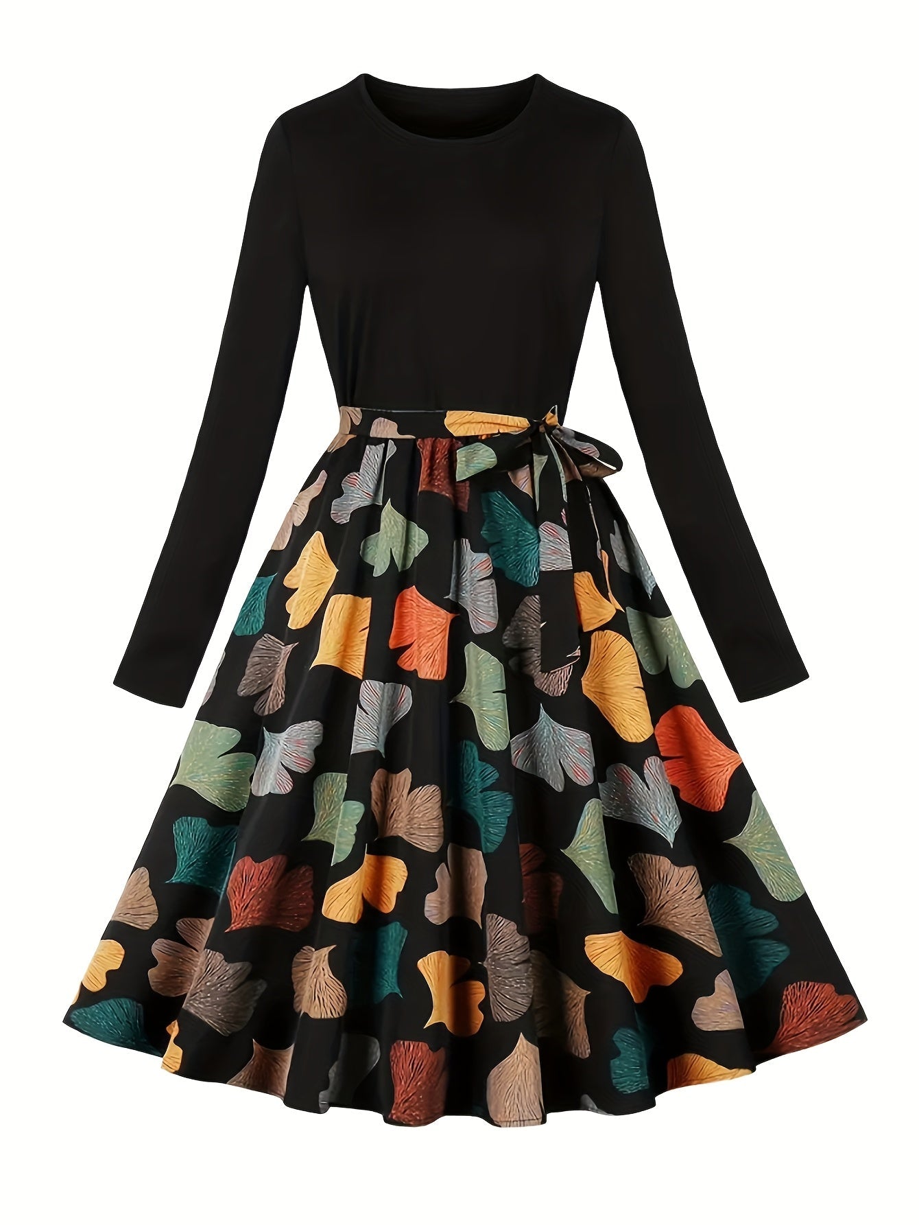 [Pink Floral Dress] Polyester Women's Pink Floral A-Line Dress - Long Sleeves, Round Neck, Machine Washable, Belt Detail, Perfect for Spring/Summer SS69