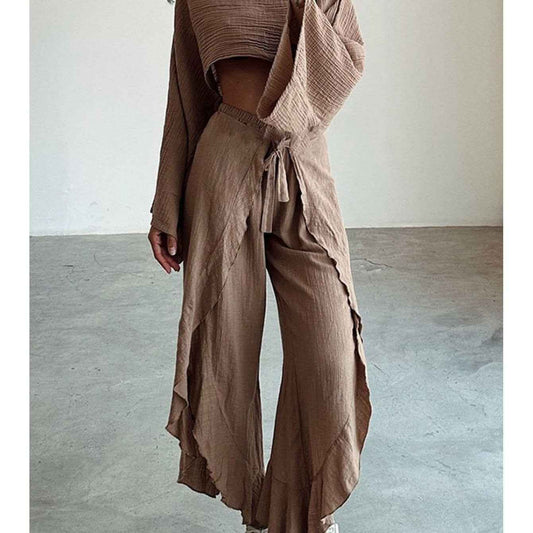 2pcs Outfit with Pleated Elastic Waist Pants And Short-Sleeved Top- Casual Chic for Work From Home, Weekend Errands& Travel- Comfortable& Flexible for Women