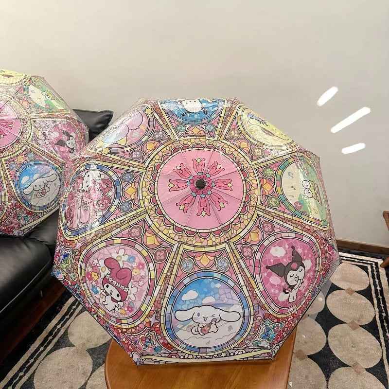 [Cute Anime Umbrella] Sanrio Kuromi/Pochacco/Melody/Kulomi/Beloved Star 1pc Automatic Open/Close Umbrella | Cute Anime Umbrella with 8-Rib Compact Folding Design, One-Touch Button, Pink/Blue/Golden/Purple/Green/Brown/Beige -