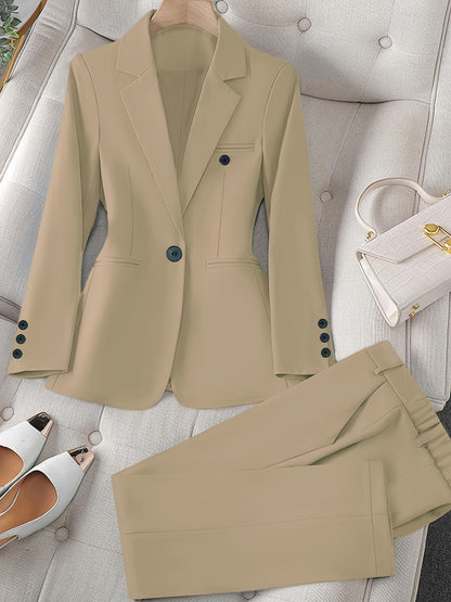 Women'S Casual Two-Piece Set, Fashionable Business Style, Solid Color, Long Sleeve, Polyester, with Lapel Collar, and Pants, for All Seasons SS69