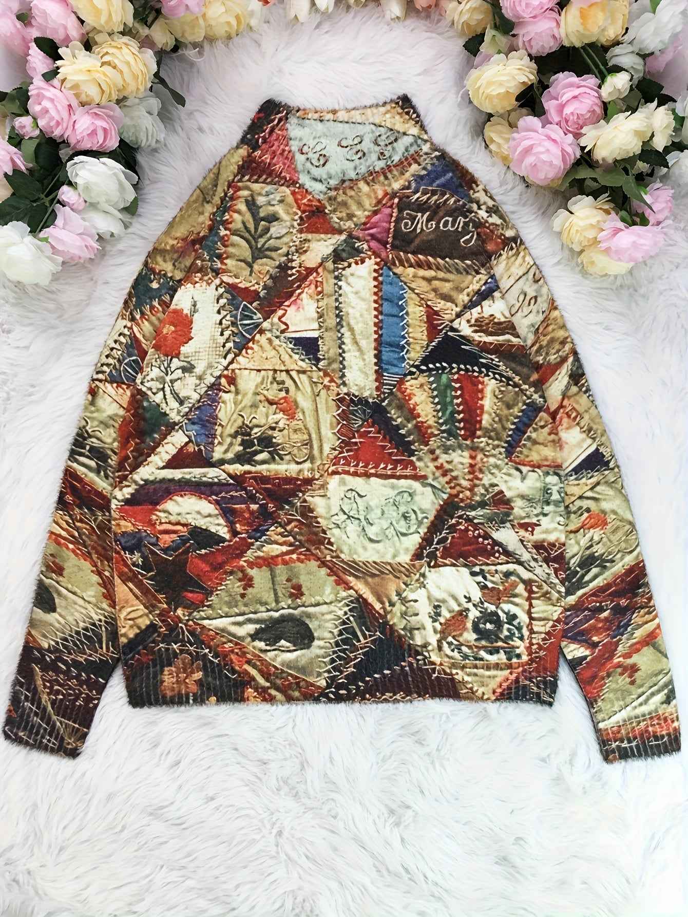 Plus Size, 2D Flat Pattern Women's Pullover 3D Printed Pattern Sweater Long Four Seasons Mixed Vintage