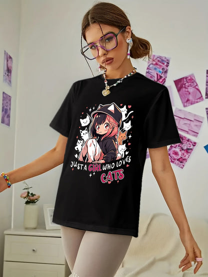 Anime Print T-shirt, Casual Short Sleeve Crew Neck Top For Spring & Summer, Women's Clothing SS69