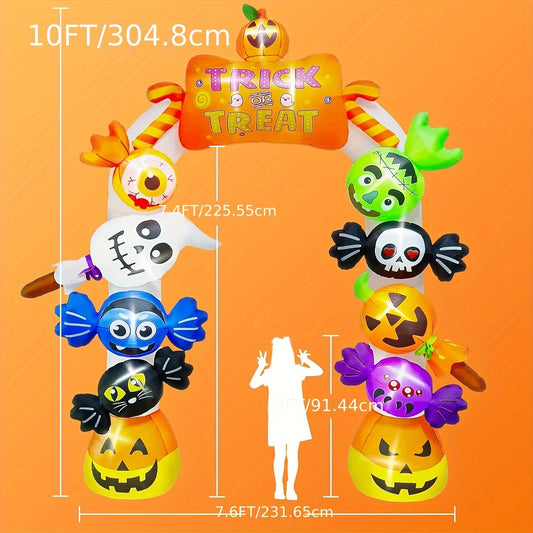 Kalolary 10ft Halloween Inflatable Archway with Candy, Pumpkins, Bats & Skulls - LED-Lit Spooky Yard Decor, High Quality Polyester, Built-in Blower, Stakes & Ropes for Indoor/Outdoor Garden, Lawn, Patio SS69