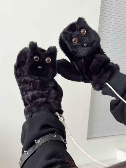 Black Cat Plush Gloves, Winter Warm Cute Cycling Thickened Double-Layer Windproof Neck Warmer Mittens, Wrist Cat, Cat Paw Mittens, Cat Paw Mitts, Cat Embroidery Mittens For Women, Cat Paws For Women,  Wrist Warmer Mittens, Do