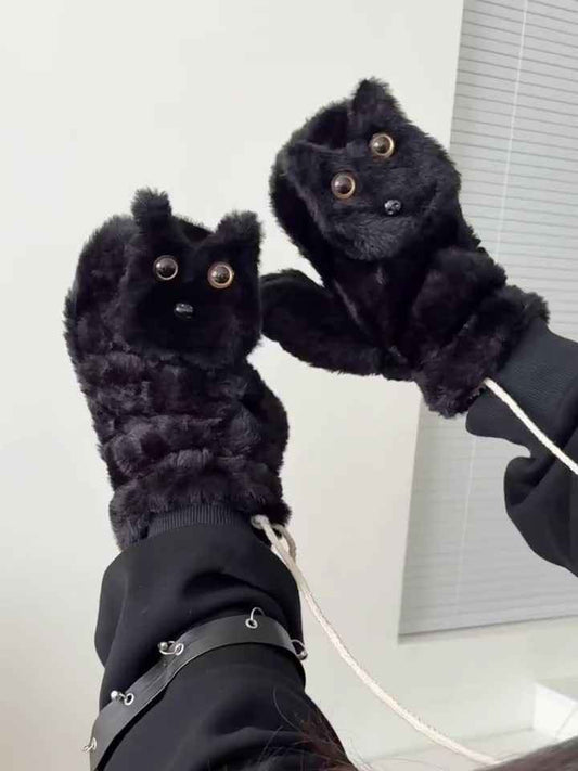 Black Cat Plush Gloves, Winter Warm Cute Cycling Thickened Double-Layer Windproof Neck Warmer Mittens, Wrist Cat, Cat Paw Mittens, Cat Paw Mitts, Cat Embroidery Mittens For Women, Cat Paws For Women,  Wrist Warmer Mittens, Do