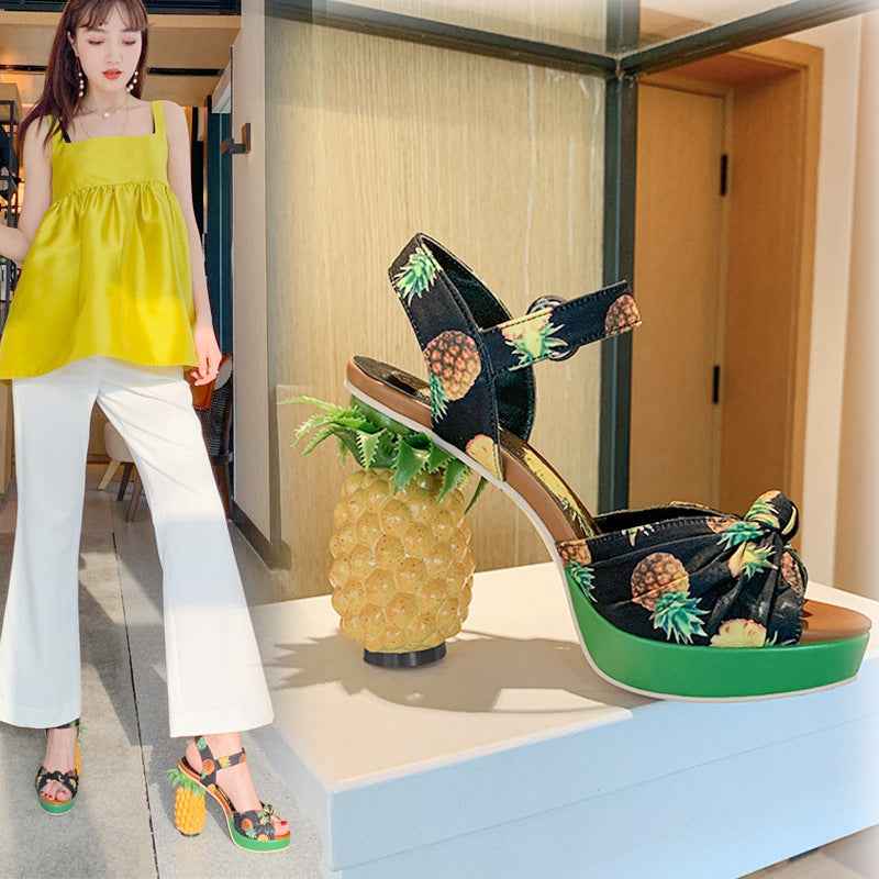 Women's Pineapple Print Platform Sandals - Thick Sole Super High Heels with Ankle Strap Closure, Open-Toe Summer Party Shoes in Pink & Green, Durable Fabric Upper & Rubber Sole for Dressy Occasions, Beachwear, Themed Events -