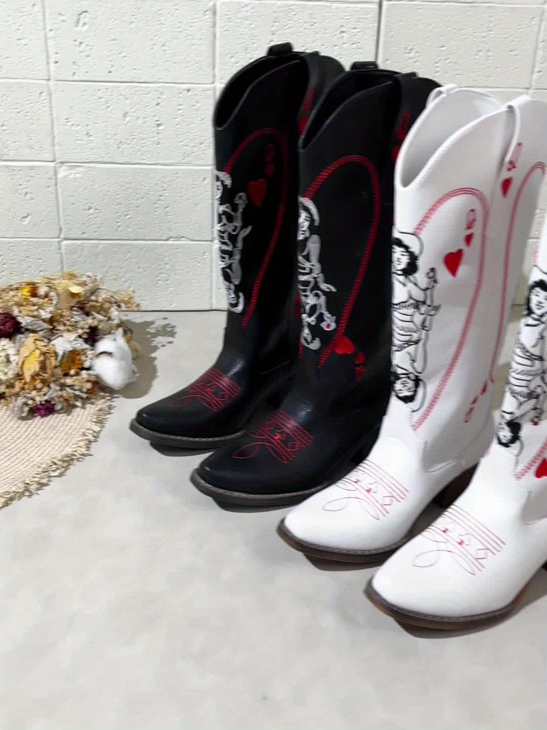 Vintage Style Comfortable Chic Women's Embroidered Western Cowboy Boots - Square Toe, Chunky Heel, Slip-On, Faux Cover for All Seasons SS69