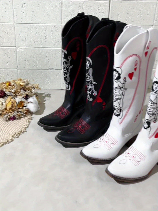 Vintage Style Comfortable Chic Women's Embroidered Western Cowboy Boots - Square Toe, Chunky Heel, Slip-On, Faux Cover for All Seasons SS69