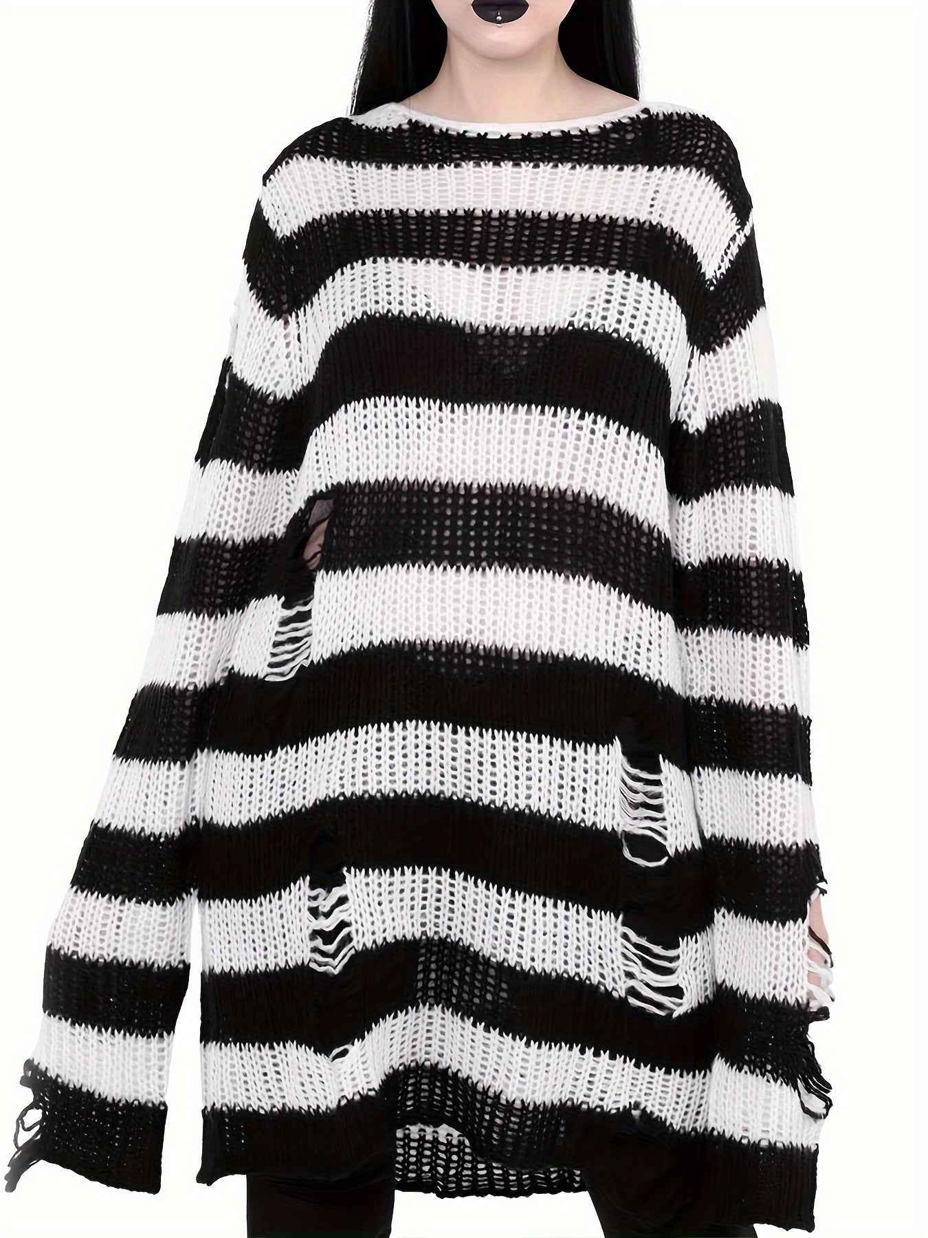 [Gothic Knitted Top] Gothic Long Loose-Fitting Knitted Top - Round Neck, Unique Torn Design with Contrasting Stripes
