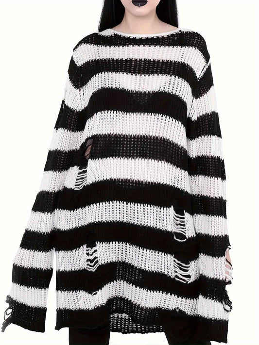 [Gothic Knitted Top] Gothic Long Loose-Fitting Knitted Top - Round Neck, Unique Torn Design with Contrasting Stripes