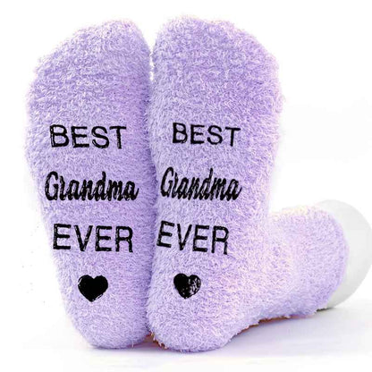 1 Pair Purple Mid-Calf Winter Warm Anti-Slip Knitted Socks with "BEST Grandma EVER" Letter Print, Perfect Gift for Birthdays, Retirement, and Parents
