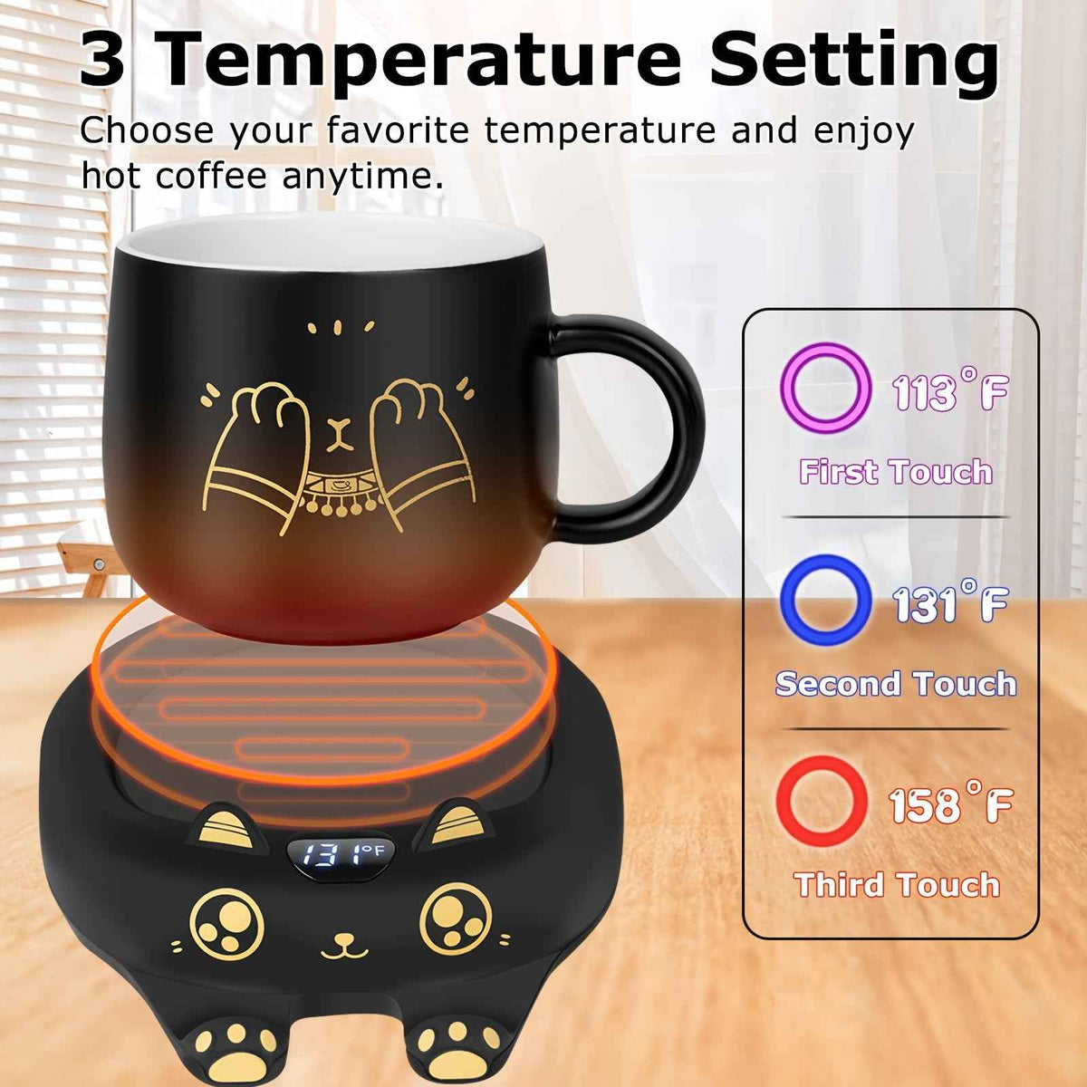 PUSEE Coffee Mug Warmer & Cute Cat Mug Set, Coffee Cup Warmer for Desk with Auto Shut Off, Beverage Warmer with 3 Temp Settings, Candle Warmer Coffee Warmer with Mug Set for Christmas & Birthday Gifts