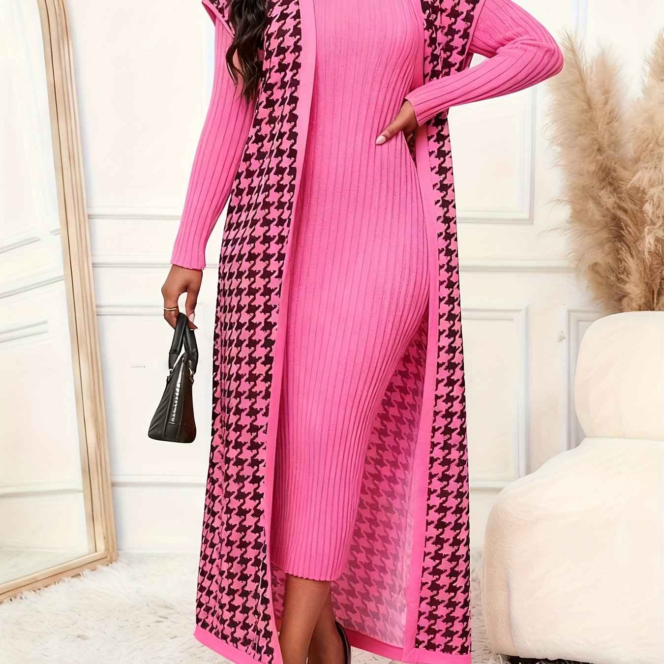 Women's Elegant Houndstooth Print Cardigan Vest - Oversized Collar Long Sleeveless Jacket, Black/White/Yellow/Beige, Fall Winter Warm Coat, Machine Washable Blazer for Casual & Formal Wear