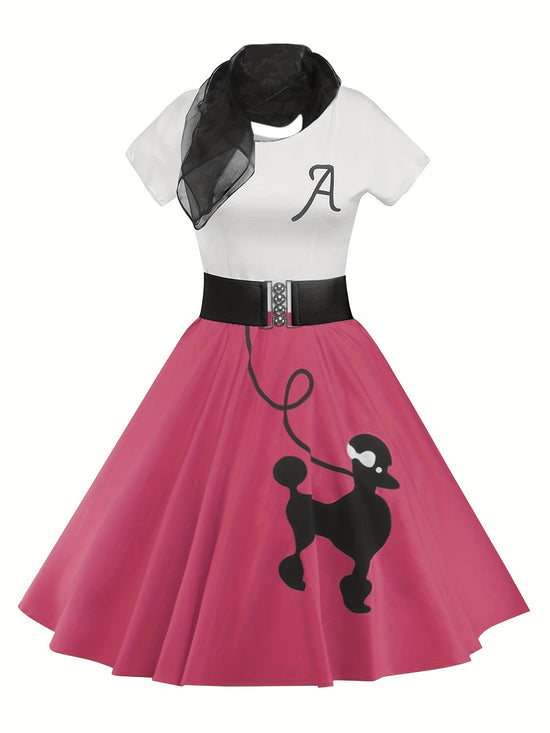 [Retro Skater Dress] Retro Poodle Print Women's Skater Dress | Vintage High Waist Rockabilly Swing Tee Cute Dresses SS69