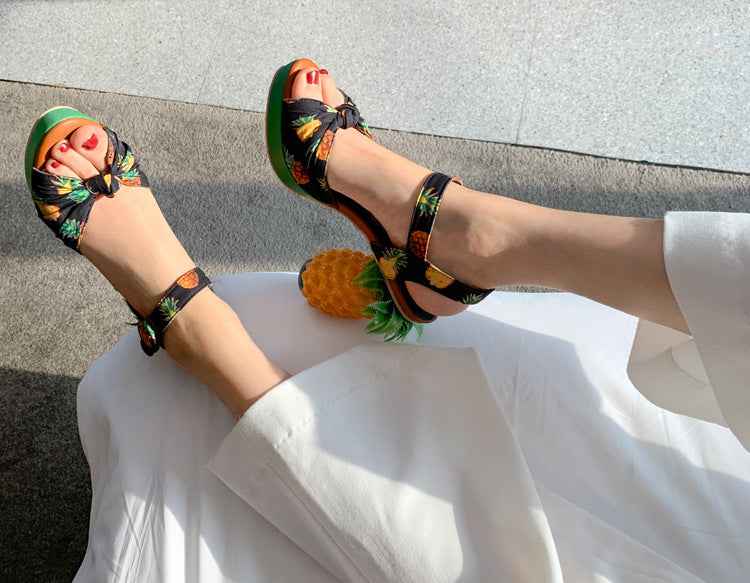 Women's Pineapple Print Platform Sandals - Thick Sole Super High Heels with Ankle Strap Closure, Open-Toe Summer Party Shoes in Pink & Green, Durable Fabric Upper & Rubber Sole for Dressy Occasions, Beachwear, Themed Events -