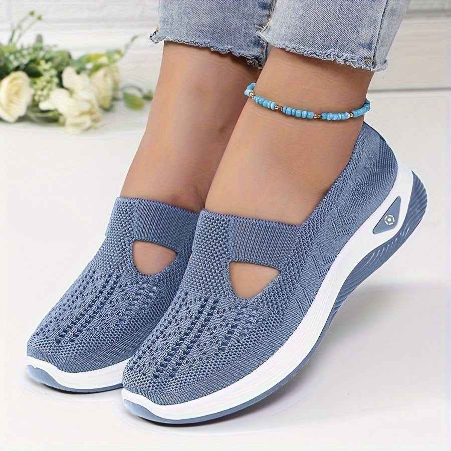 Women'S Breathable Knit Slip-On Sneakers with Non-Slip Rubber Sole, Green Perforated Design & Arch Support - All-Season Comfort Fit Walking Shoes, Cushioned Insole & Arch Cushioning, Mid-Top Style for Casual, Office, Travel -