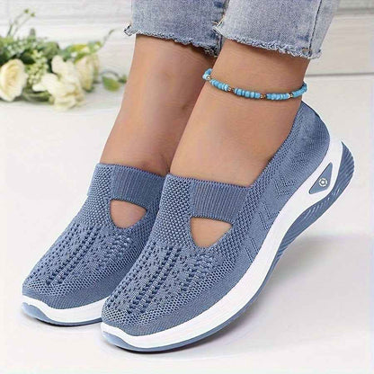 Women'S Breathable Knit Slip-On Sneakers with Non-Slip Rubber Sole, Green Perforated Design & Arch Support - All-Season Comfort Fit Walking Shoes, Cushioned Insole & Arch Cushioning, Mid-Top Style for Casual, Office, Travel -