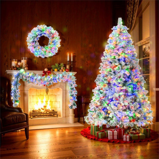 RIDFY 6FT Snow Flocked Christmas Tree, Pre-Lit Set with Tree & Garland & Wreath, Artificial Hinged Xmas Tree with Colorful LED Lights, 8 Lighting Modes, Pine Cones, Holiday Decor for Home SS69 176.69 White+Green+PVC