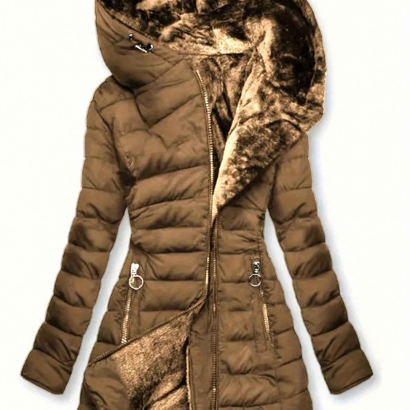 Women's Winter Warm Quilted Parka Coat, Padded Jacket with Hood, Full-Zip Front & Adjustable Waist Belt, Mid-Length Long Sleeve Outerwear for Cold Weather, Y2K Style, Beige/Tan, Hand Wash/Dry Clean