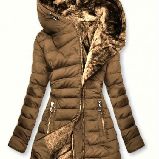 Women's Winter Warm Quilted Parka Coat, Padded Jacket with Hood, Full-Zip Front & Adjustable Waist Belt, Mid-Length Long Sleeve Outerwear for Cold Weather, Y2K Style, Beige/Tan, Hand Wash/Dry Clean