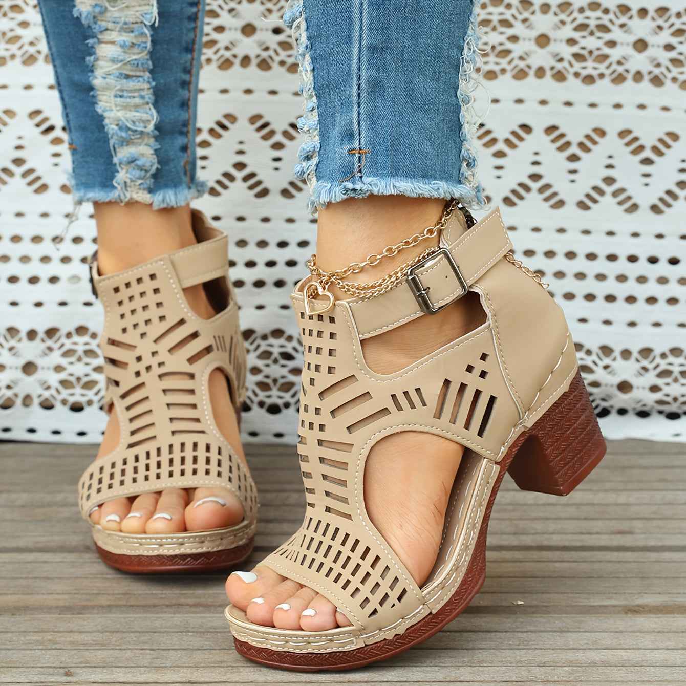 Women'S Summer Open-Toe Heel Sandals- Black Perforated Hollow Design, Ankle Strap And Zipper Closure, Stylish Breathable Casual Outdoor Shoes, Large-Size High-Heeled Sandals, Size US6-US11