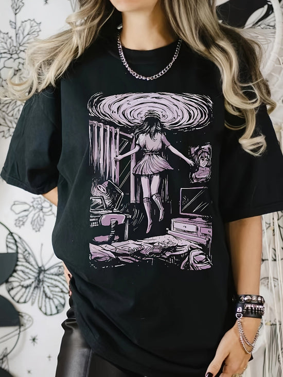 Retro Art Multiverse Graphic T-Shirt for Women, Casual Round Neck Short Sleeve, Vibrant Digital Print, Spandex & Polyester Blend, Machine Washable, All-Season Comfort, Surreal Artwork Design, Casual Wear Tshirt | Unique Fashi SS69