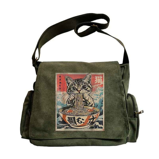 Large Capacity Shoulder Bag, Vintage Tote Crossbody Bag, Messenger Bag Supplementary Bag, Eating Ramen Cat Print, Suitable for Various Scenarios, Great Choice for Shopping, Travel, and Eating Out, Gift