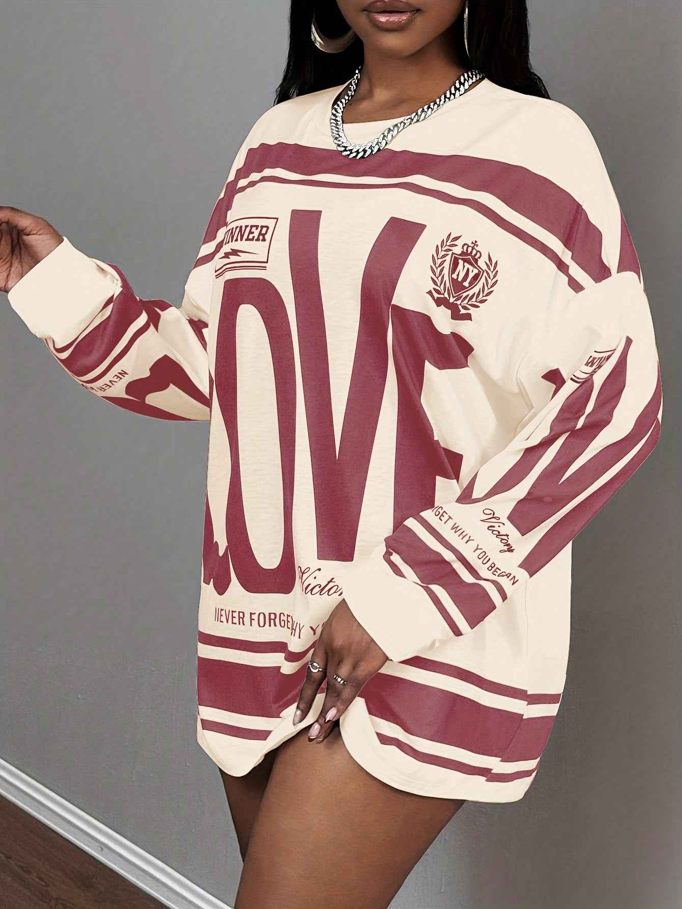 Plus Size - Plus Size - Plus Size - Plus Size - Plus Size Women'S Oversized "LOVE" Letter Print Long Sleeve T-Shirt - Casual Streetwear Style with Pink & Stripes, Comfortable Fabric For All Seasons, Versatile Fashion Top, Plu