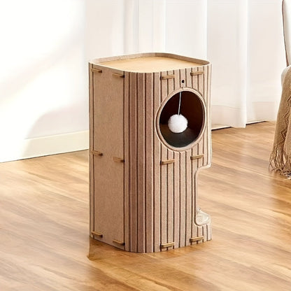 3-Tier Cat Tree House Cave, Multifunctional Climbing Frame and Bed Nest with Felt Material to Match Cats' Natural Instincts, Large Holes for Ventilation, Optional Scratching Posts, Space-Saving Design, Detachable and Easy to SS69 24.69 Double Layer Khaki / Cat nest