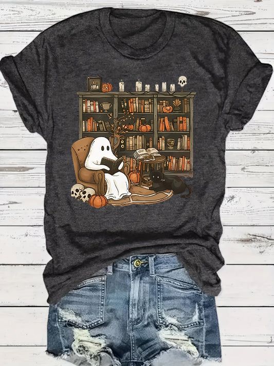[Halloween T-Shirt] Women's Halloween T-Shirt - Cute Librarian Reading Graphic, Deep Gray Ghost Library Design, Casual Party Wear, Machine Washable, Perfect for Teachers & Holiday Costumes, Halloween Shirts SS69