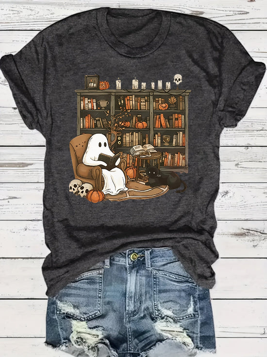 [Halloween T-Shirt] Women's Halloween T-Shirt - Cute Librarian Reading Graphic, Deep Gray Ghost Library Design, Casual Party Wear, Machine Washable, Perfect for Teachers & Holiday Costumes, Halloween Shirts SS69