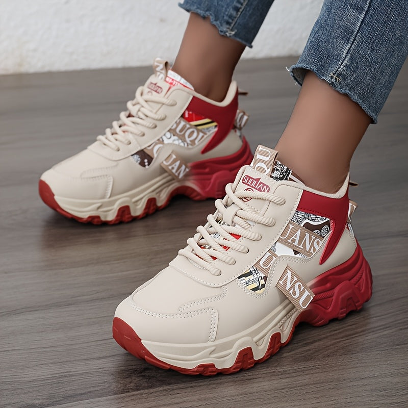 Women'S 2025 Spring/Summer High-Top Sneakers - Casual, Breathable, Thick Sole Running Shoes with Lace-Up Closure, Synthetic Upper, PVC Sole, and Stylish Red & Beige Design for Outdoor Activities, Casual Footwear | Trendy Casu SS69