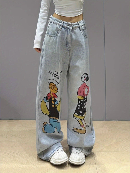 2025 new cartoon graffiti straight jeans for women light color casual versatile loose slim washed mopping trousers SS69