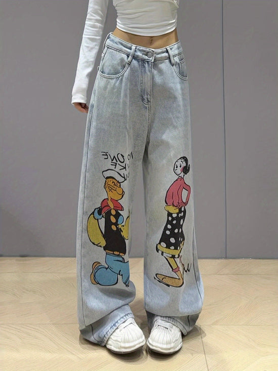 2025 new cartoon graffiti straight jeans for women light color casual versatile loose slim washed mopping trousers SS69