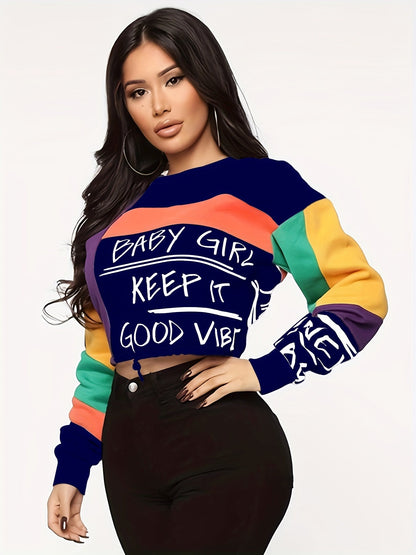 Women'S Color Block Letter Print Sweatshirt - Cozy Long Sleeve Crew Neck For Fall & Winter SS69