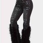 Denim Ripped Design Pearl Embellished Jeans