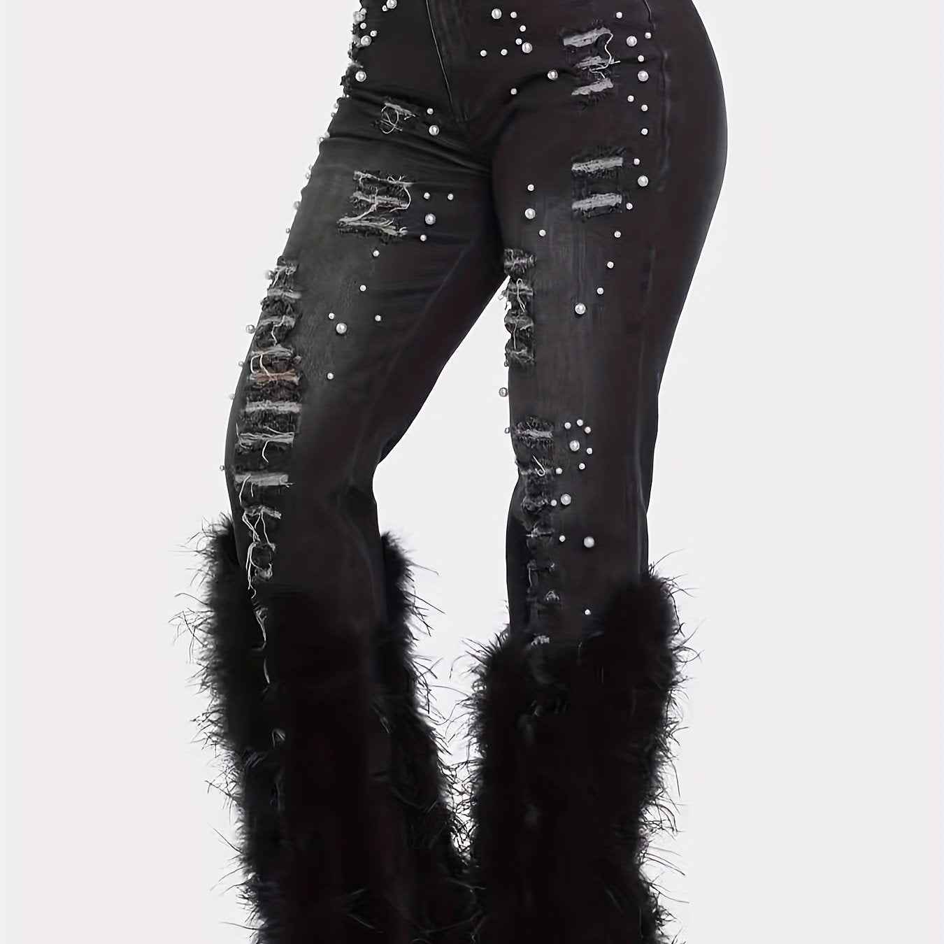 Denim Ripped Design Pearl Embellished Jeans